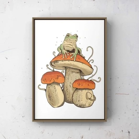 Vintage cottagecore mushroom frog art print - Picture 1 of 3